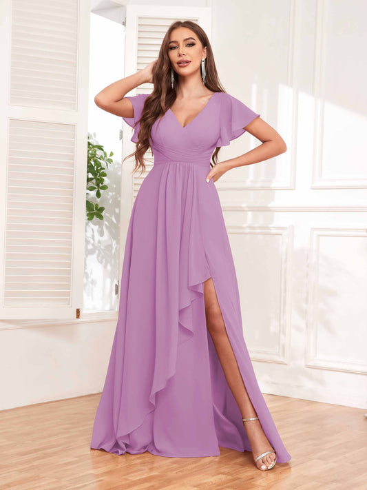 One Shoulder Tulle Lilac Chiffon Bridesmaid Dress Womens