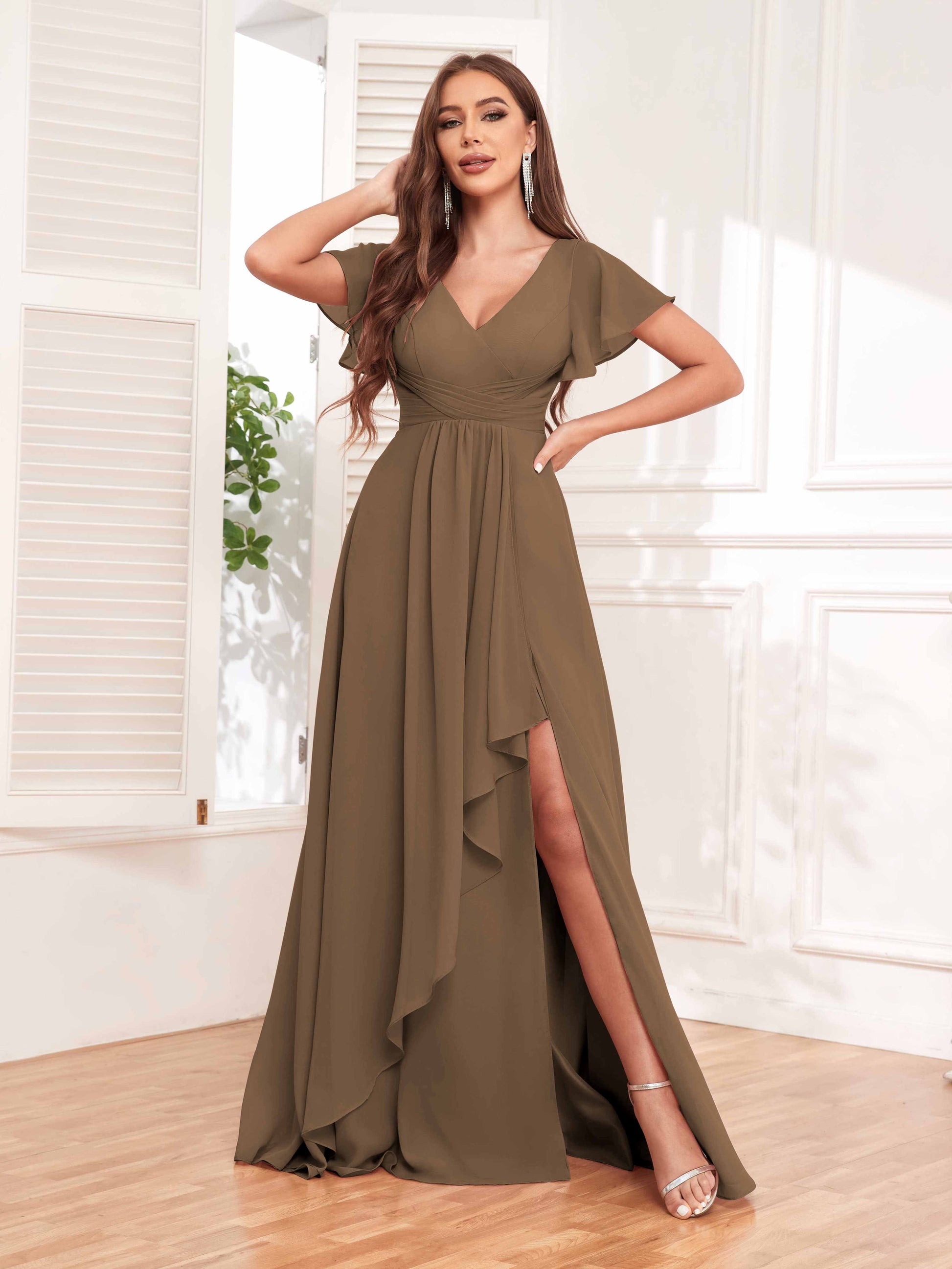 Upscale Ruffles Slit V Neck Lace Up Chiffon Bridesmaid Dresses UK –