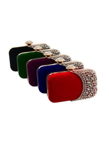 Velvet Crystal Evening Clutch Bag with Crescent Rhinestone Design for Wedding, Prom & Formal Events UK