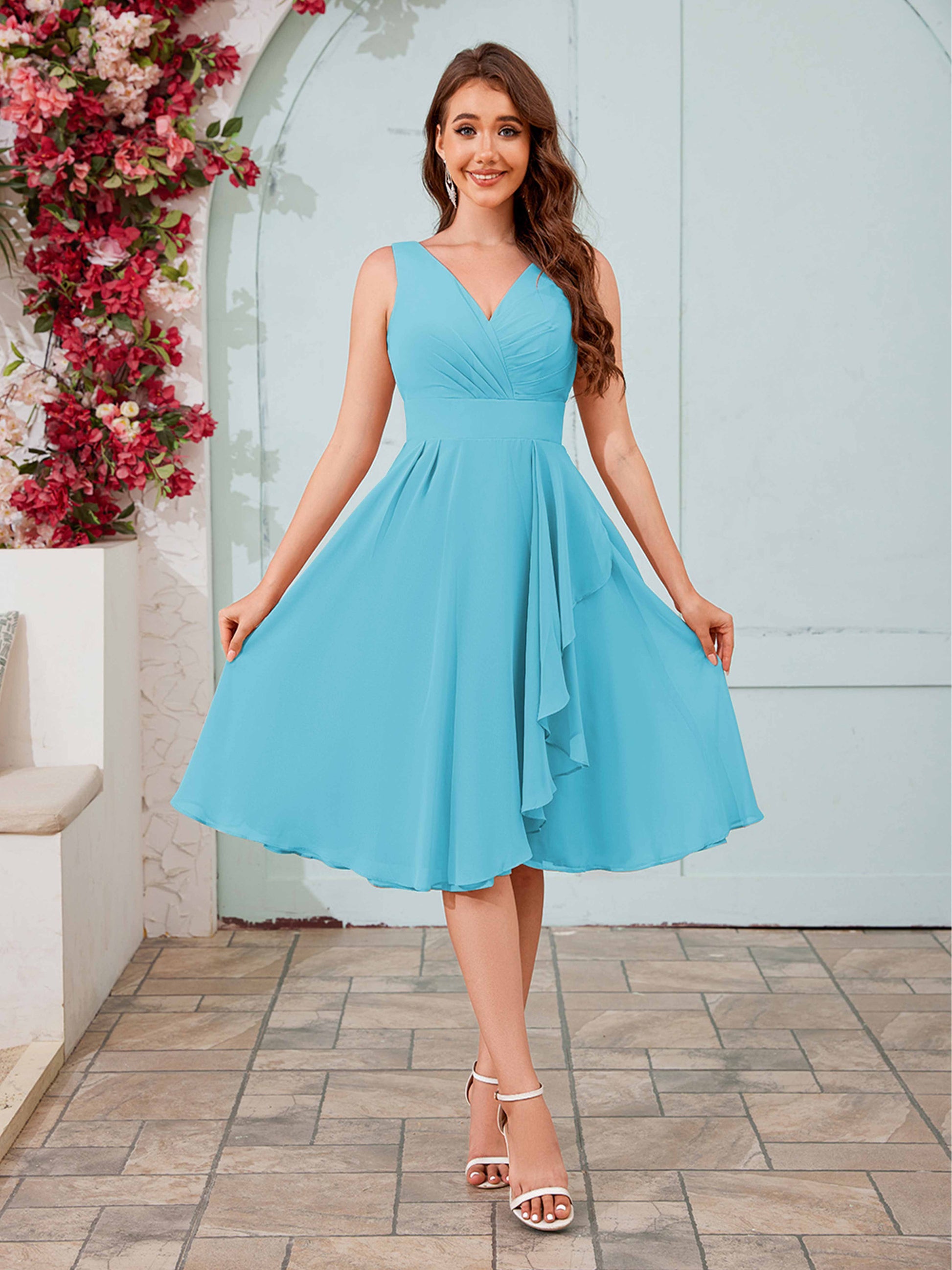 Vibrant Sleeveless V-Neck Ruched Knee Length Chiffon Bridesmaid Dresse mollyevers.co.uk Vibrant Sleeveless V-Neck Ruched Knee Length Chiffon Bridesmaid Dresse mollyevers.co.uk