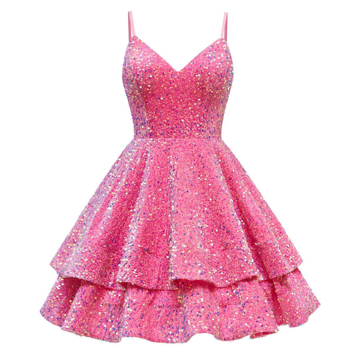 V-Neck Spaghetti Straps Tiered Sequins Mini Homecoming Dresses UK