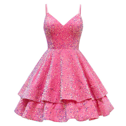 V-Neck Spaghetti Straps Tiered Sequins Mini Homecoming Dresses UK