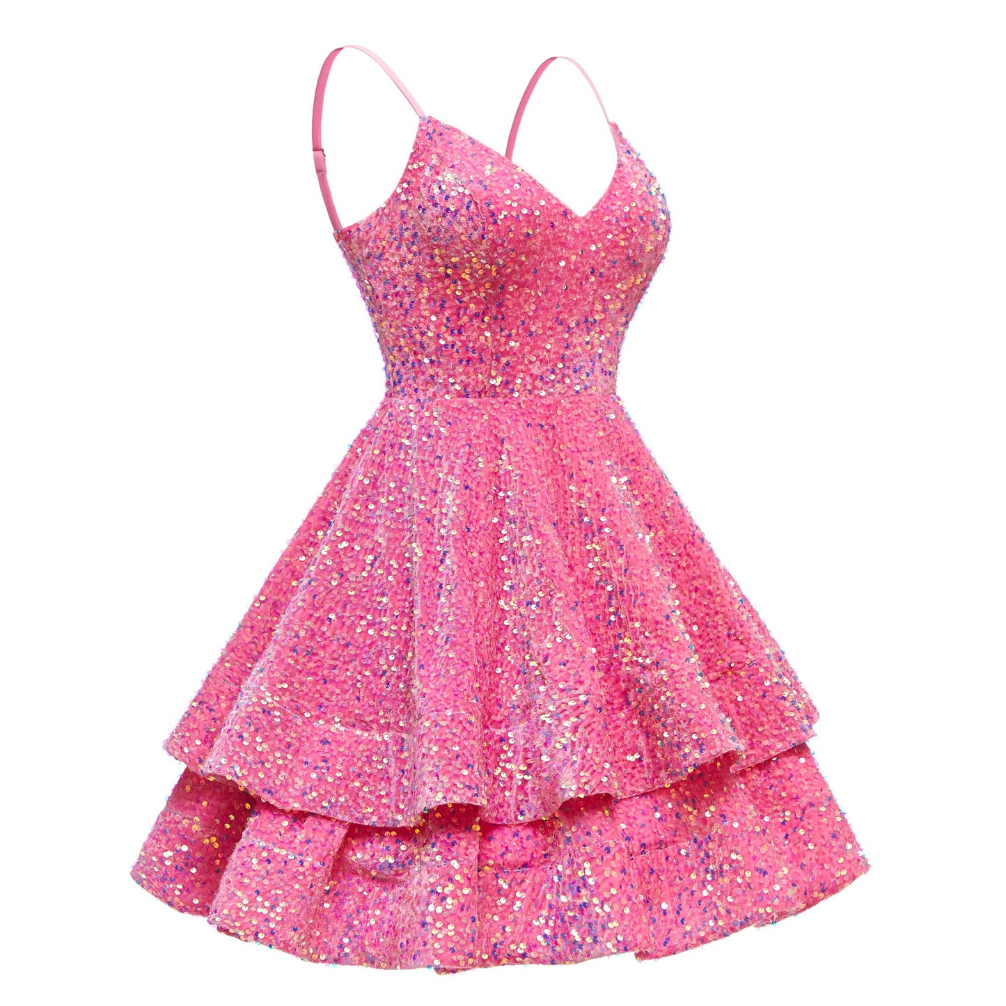 V-Neck Spaghetti Straps Tiered Sequins Mini Homecoming Dresses UK