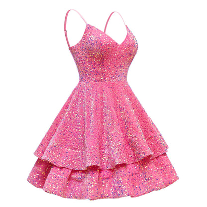 V-Neck Spaghetti Straps Tiered Sequins Mini Homecoming Dresses UK