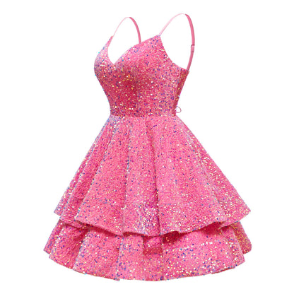 V-Neck Spaghetti Straps Tiered Sequins Mini Homecoming Dresses UK