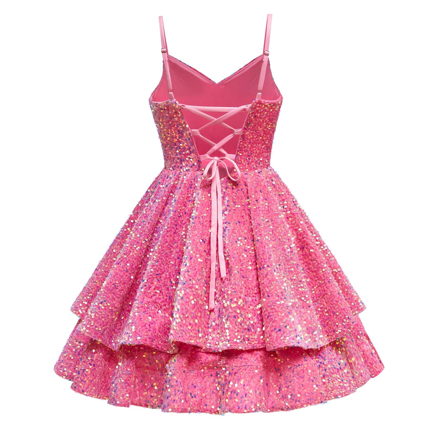 V-Neck Spaghetti Straps Tiered Sequins Mini Homecoming Dresses UK