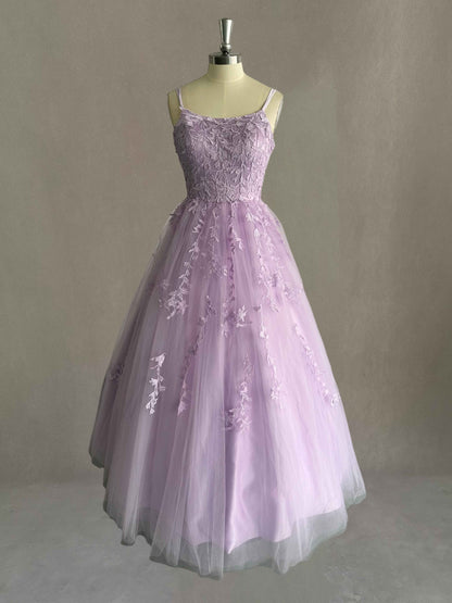 Exquisite Appliques Spaghetti Straps Tulle Prom Dresses