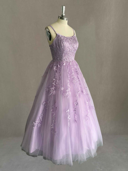 Exquisite Appliques Spaghetti Straps Tulle Prom Dresses