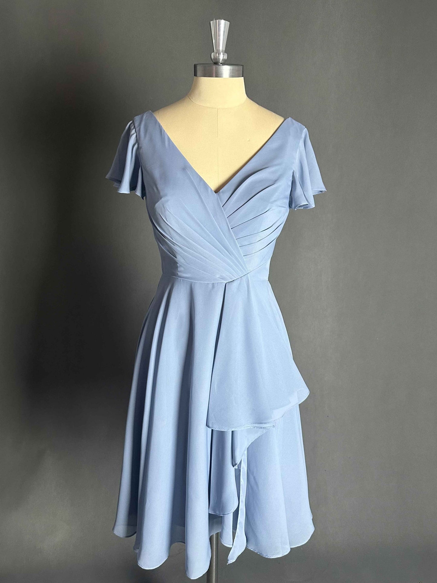 Classy V-Neck Ruffles Lace Up Midi Chiffon Bridesmaid Dress