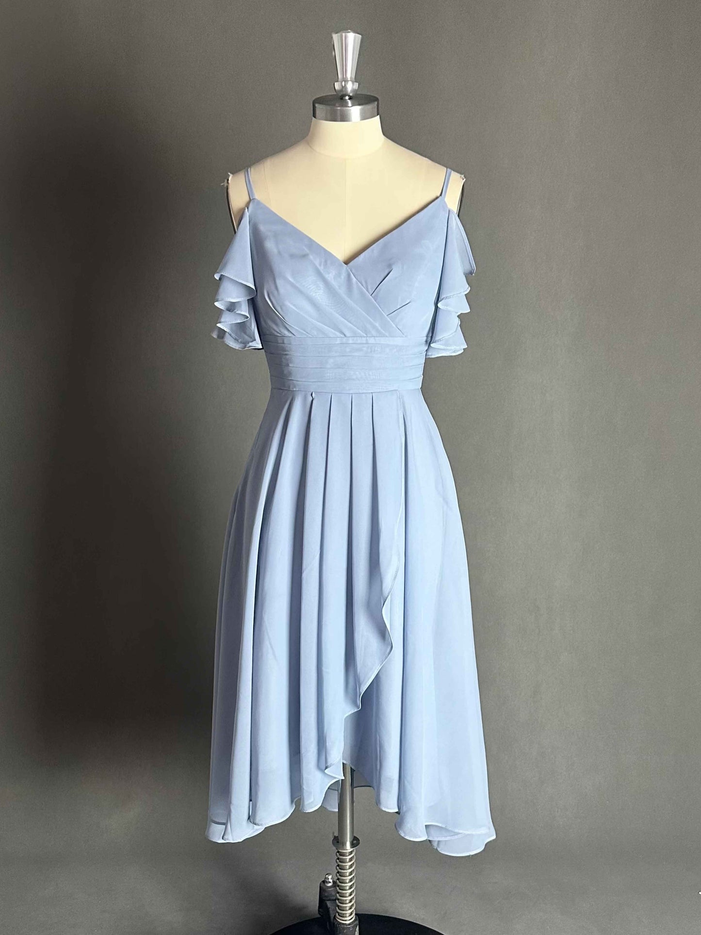 Charming V-Neck Ruffles High Low Midi Chiffon Bridesmaid Dress