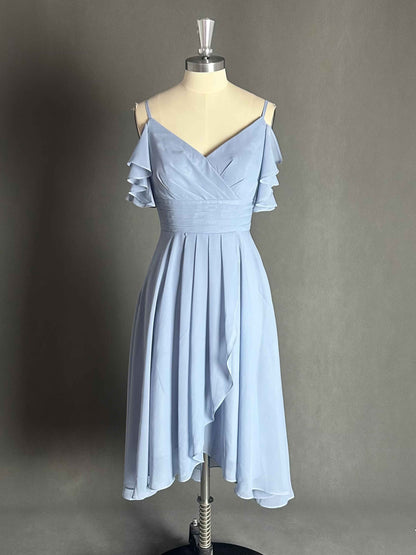 Charming V-Neck Ruffles High Low Midi Chiffon Bridesmaid Dress