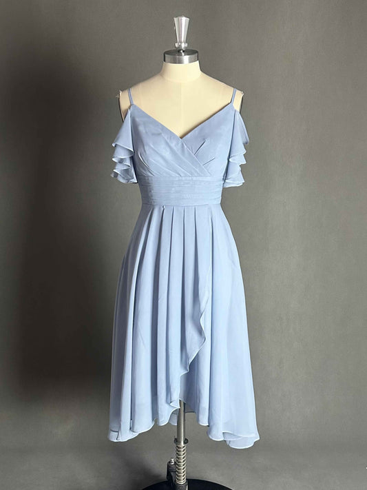 Charming V-Neck Ruffles High Low Midi Chiffon Bridesmaid Dress