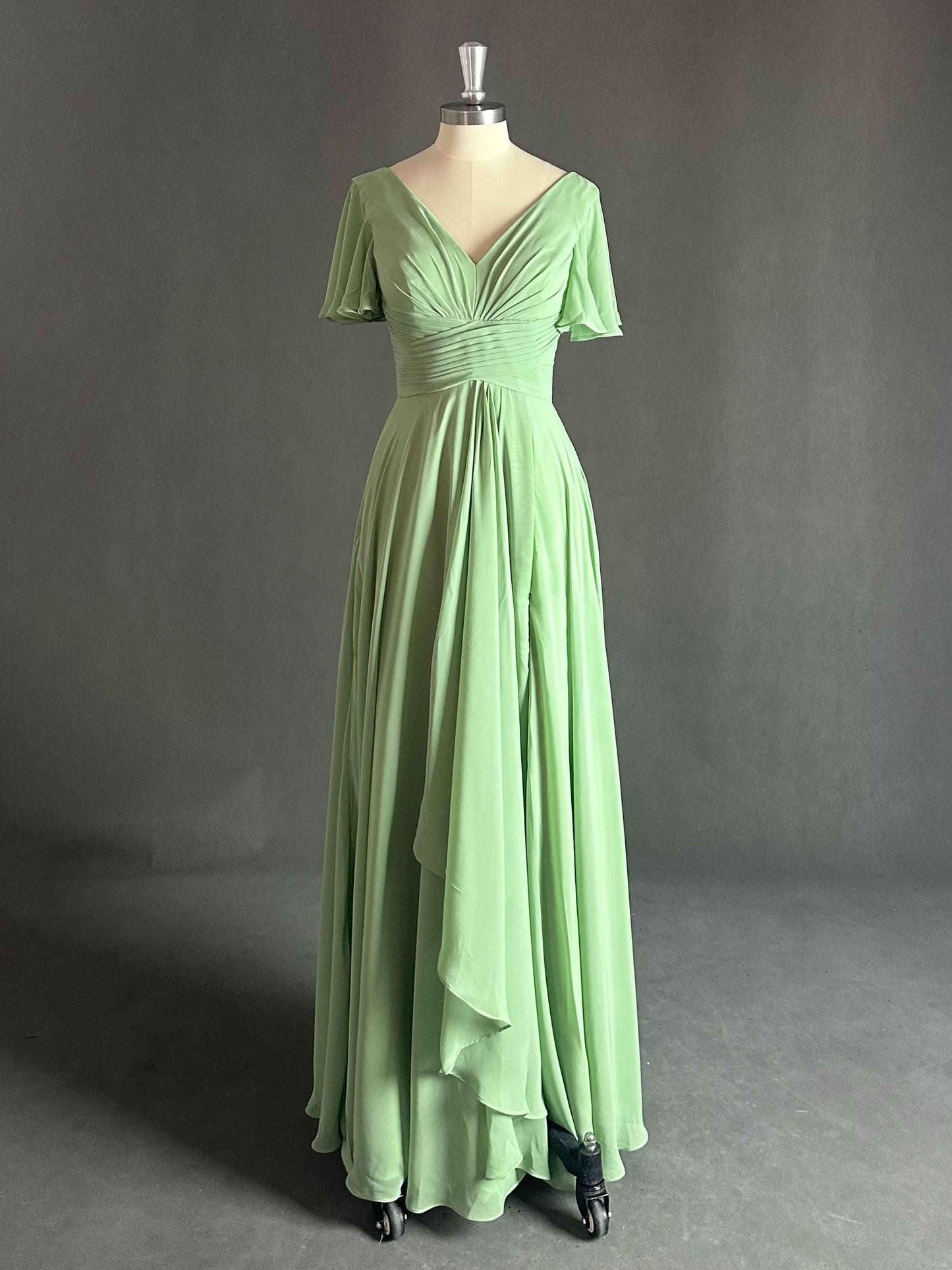 Modest Short Sleeves Ruffles Floor Long Chiffon Bridesmaid Dress