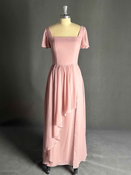 Gorgeous Square Neck A Line Chiffon Bridesmaid Dresses Whit Slit