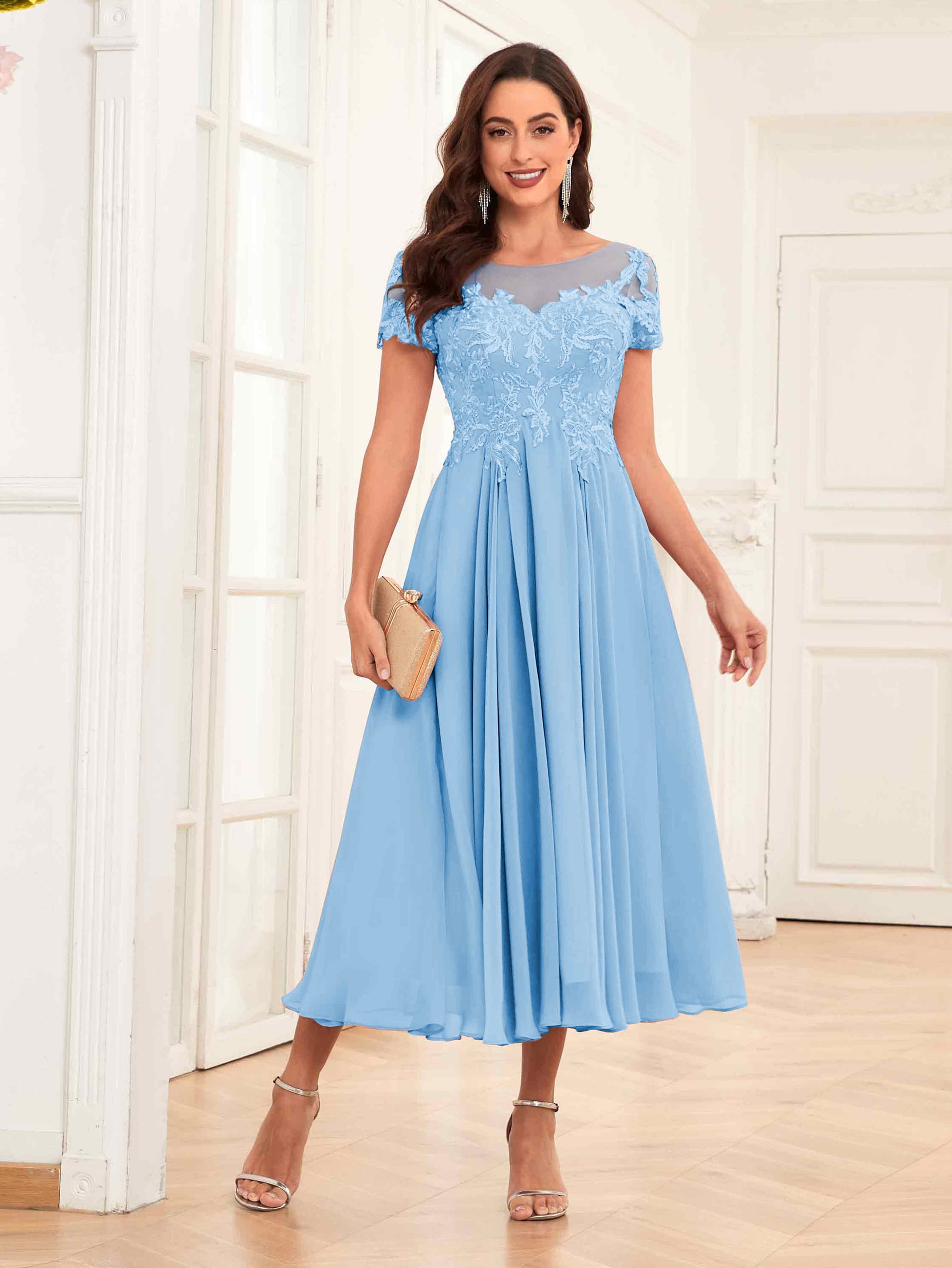 Elegant A-Line Lace Up Tea Length Mother Of The Bride Dresses mollyevers.co.uk Elegant A-Line Lace Up Tea Length Mother Of The Bride Dresses mollyevers.co.uk