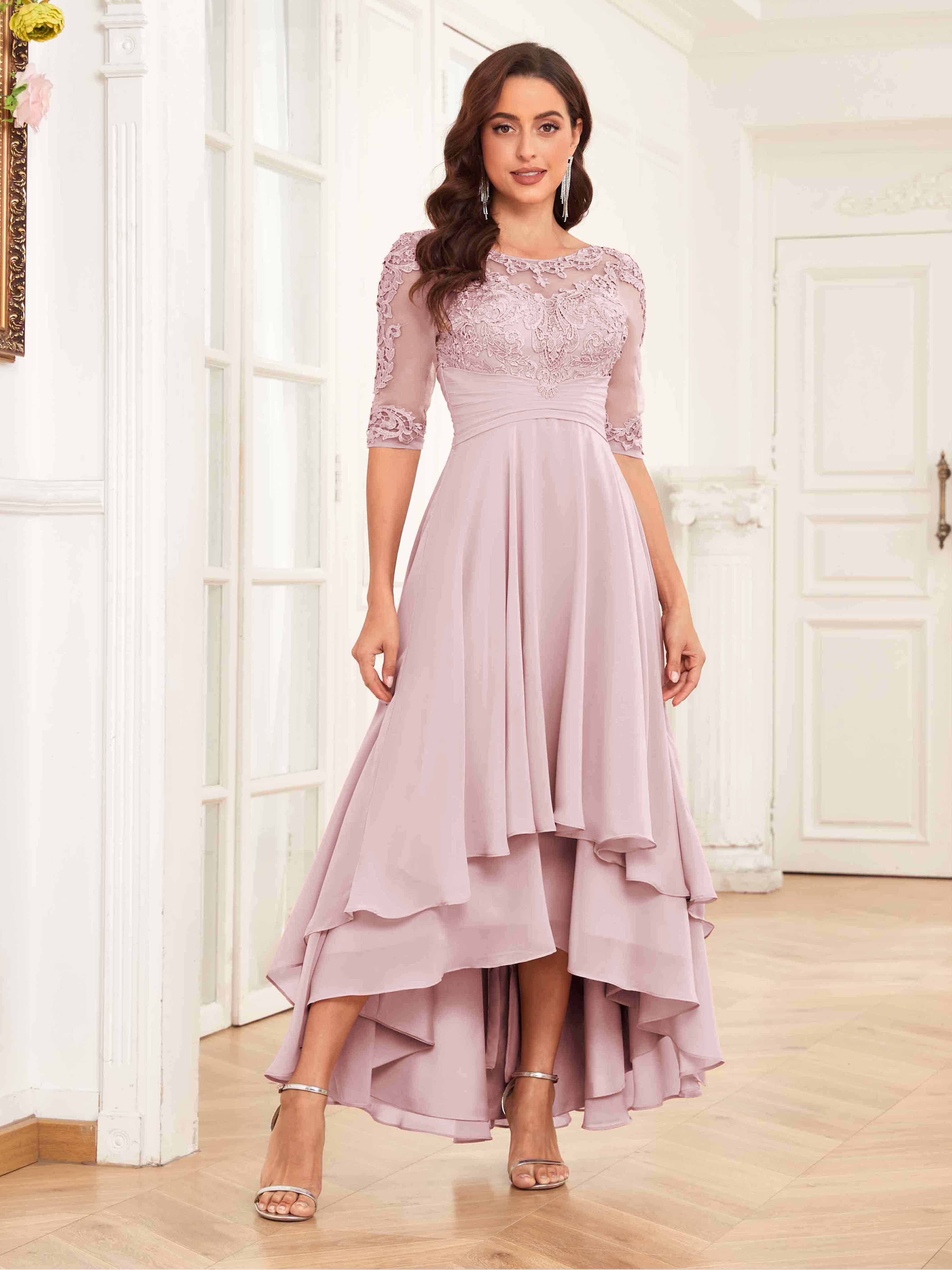 Elegant Half Sleeves Appliques Lace Chiffon Mother Of The Bride Groom Dresses