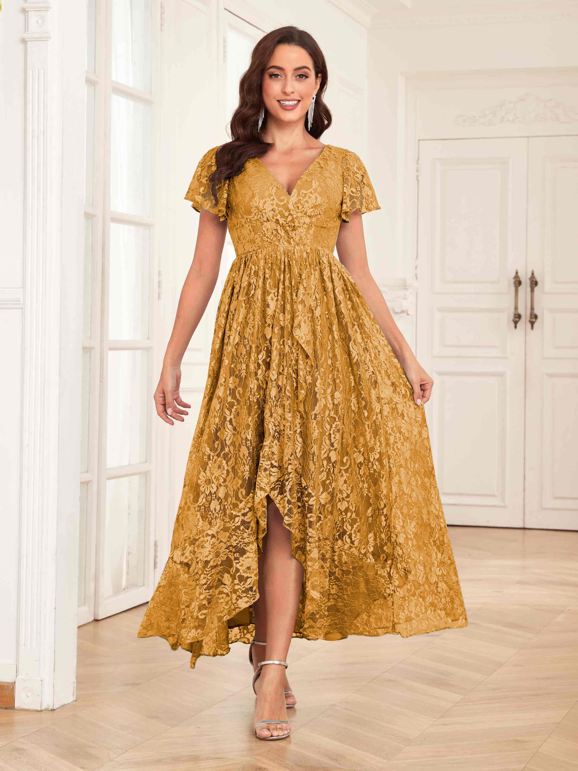 Stunning V Neck High Low Lace Mother Of The Bride Dresses – mollyevers